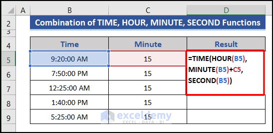 Combining TIME, HOUR, MINUTE & SECOND functions to add 15 minutes in Excel