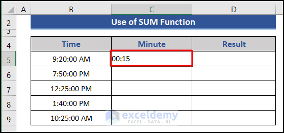 Input minute value in the cell