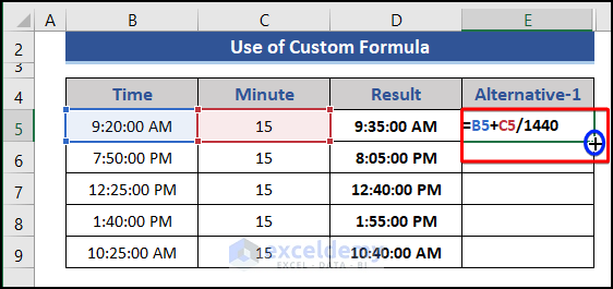 Apply division operation to add 15 minutes in Excel