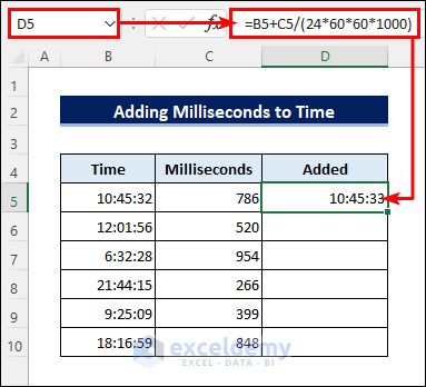 Formula to add milliseconds to time