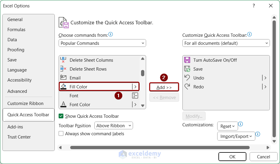 Adding a command to Quick Access Toolbar