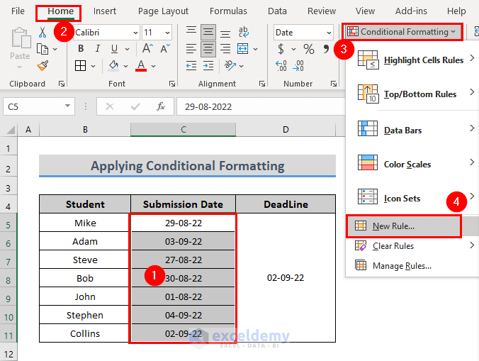 Application of Conditional Formatting if One Date is Greater Than Another Date in Excel