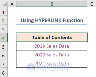 Automatically Create Table of Contents in Excel Using HYPERLINK Function