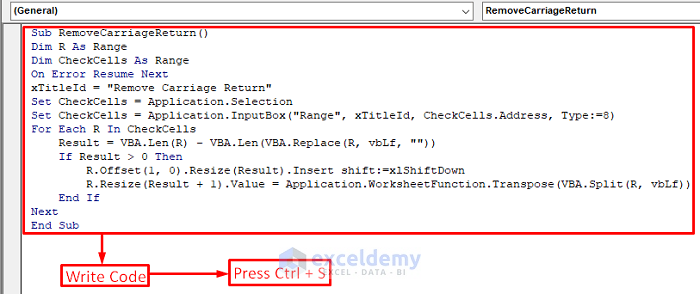Write and Save the Code to Remove Carriage Return in Excel Text to Columns