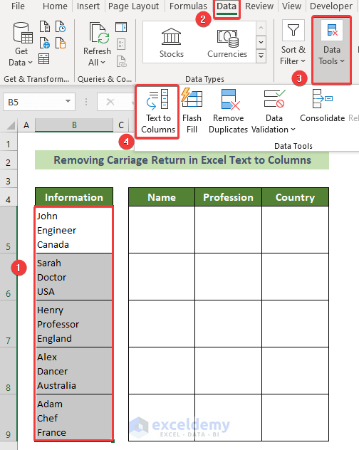 Access the Text to Columns tool to Remove Carriage Return