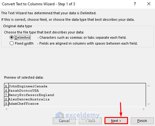 Convert Text to Columns Wizard - Step 1 of 3 Window