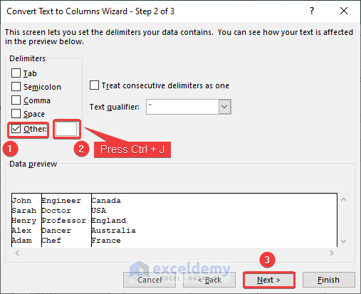 Convert Text to Columns Wizard - Step 2 of 3 Window to Remove Carriage Return