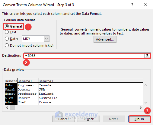 Convert Text to Columns Wizard - Step 3 of 3 Window