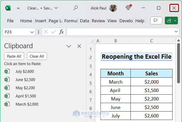 Close the Excel file