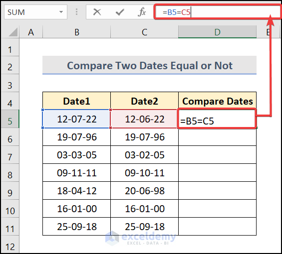Compare Dates in Two Columns Whether They Are Equal or Not