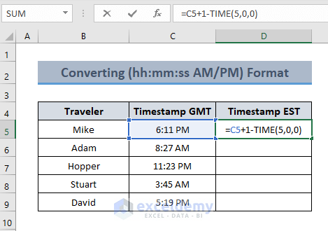 Type Formula to Convert GMT to EST