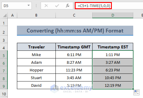 Convert GMT to EST in Excel
