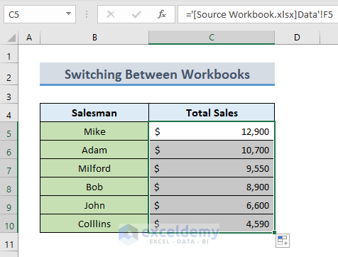 Switch Between Excel Workbooks to Create Reference