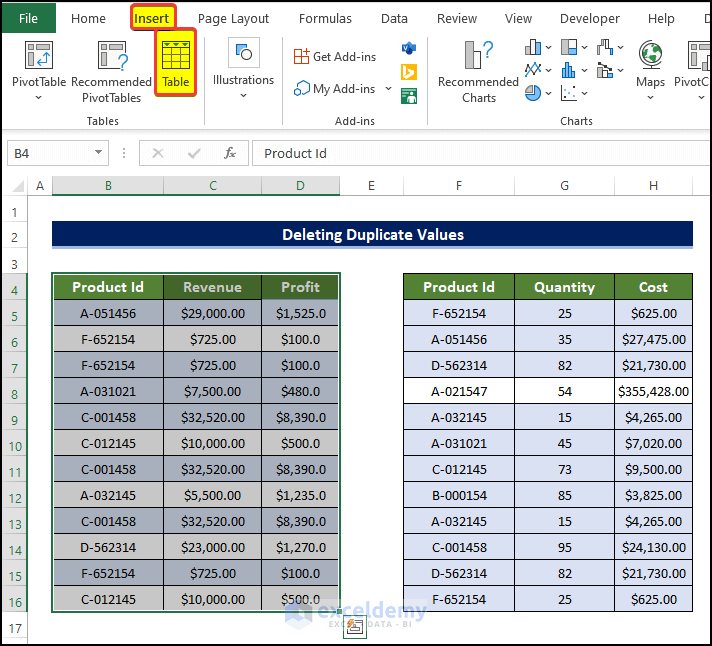 insert table from ranged dataset in order to create relationship with duplicate values in Excel