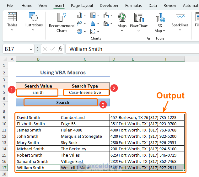 Get Result from Search Box in Excel for Multiple Sheets
