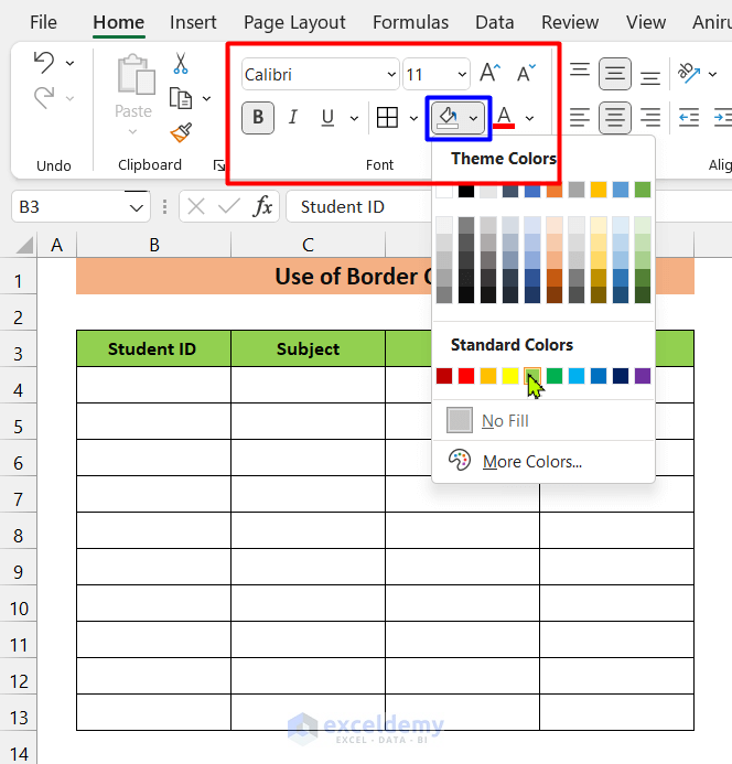 Use Border Feature to Create Table Without Data