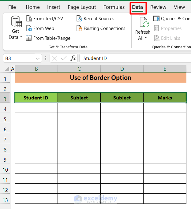 Use Border Feature to Create Table Without Data