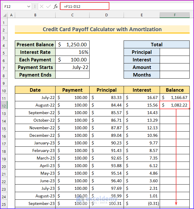 Credit Card Payoff Calculator with Amortization Excel 12