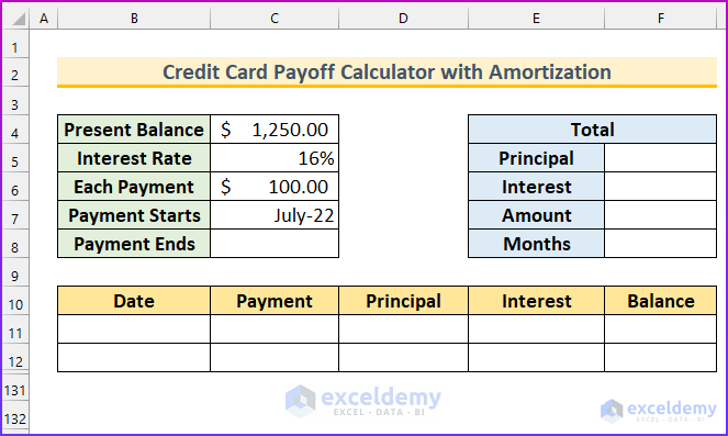 Credit Card Payoff Calculator with Amortization Excel 3