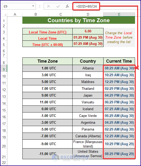 Creating a List of Countries by Time Zone in Excel