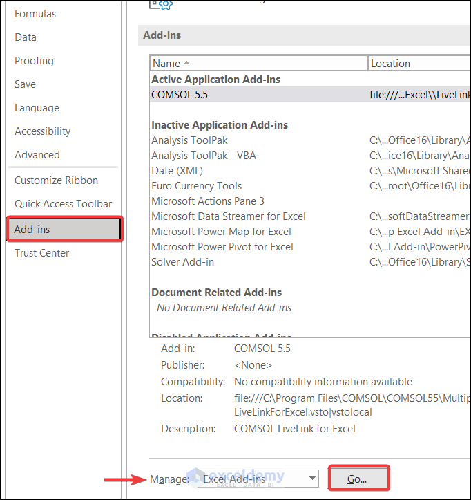 Enable and Disable the Excel Add-In