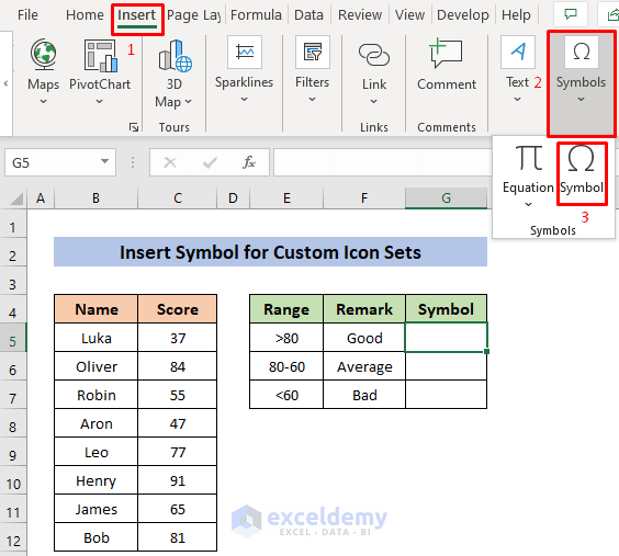 Insert Symbol to Add Custom Icon Sets in Conditional Formatting