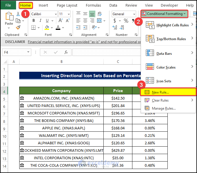 Inserting Directional Icon Based on Percentage to implement Conditional Formatting with Icon Sets Based on Percentage in Excel 