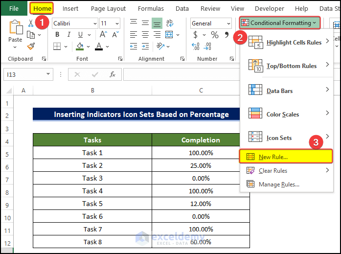 Inserting Indicators Icon Sets Based on Percentage to implement Conditional Formatting with Icon Sets Based on Percentage in Excel 