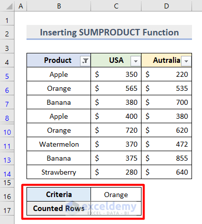 Insert SUMPRODUCT Function to Count Filtered Rows with Criteria in Excel