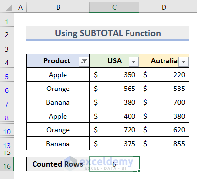 Excel Count Filtered Rows with Criteria