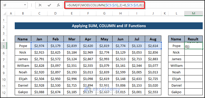 Applying SUM, COLUMN, MOD, and IF Functions to Skip Every Other Column