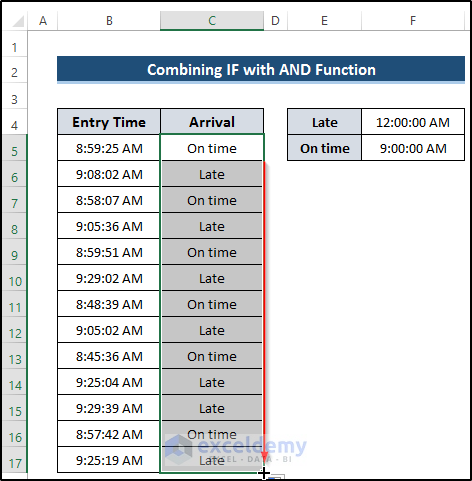 Utilizing IF with AND Function to Express If Time is Greater Than and Less Than in Excel