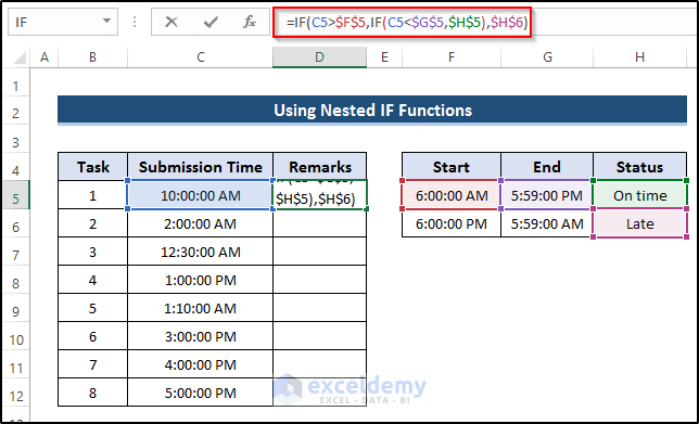 Using Nested IF functions to Show If Time is Greater than and Less Than in Excel