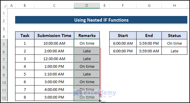 Applying Nested IF functions to Express If Time is Greater than and Less Than in Excel