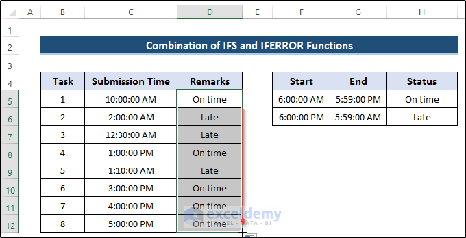 Use of IFS and IFERROR Functions to Express If Time is Greater than and Less Than in Excel