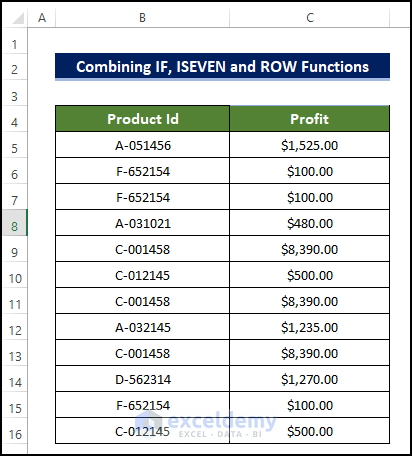 Using IF, ISEVEN and ROW Functions to Move Every Other Row to Column in Excel