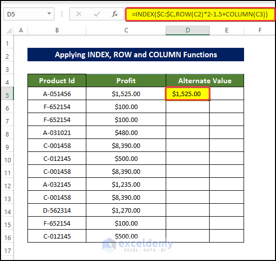 Combination of INDEX, ROW and COLUMN Functions to Move Every Other Row to Column in Excel 