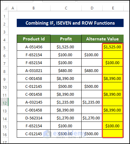 Alternate rows moved to column by applying IF, ISEVEN, AND ROW functions