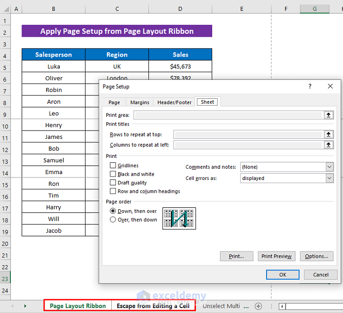 Unselect Multiple Sheets Before Page Setup to Activate Excel Rows to Repeat at Top Feature