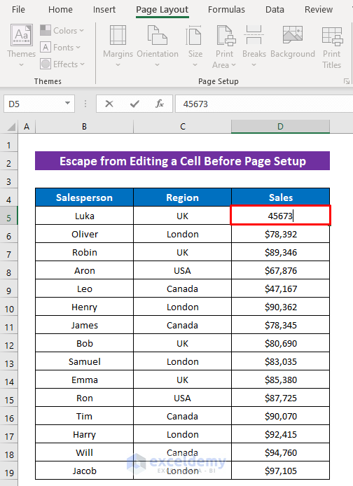 Escape from Editing a Cell Before Page Setup to Activate Excel Rows to Repeat at Top Feature