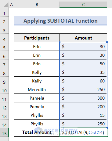 Apply SUBTOTAL Function to Add Data in Excel