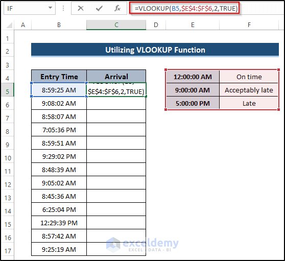 Utilizing VLOOKUP Function to Express If Time is Greater Than and Less Than in Excel
