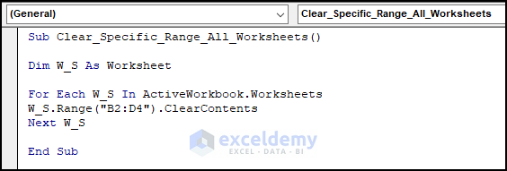 VBA Code of Clearing Contents of Specific Range of All Worksheets at Once