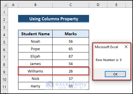 Return Row Number of Value Utilizing Columns Property