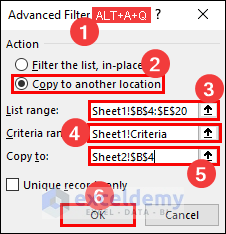 Select actions for Advanced Filter