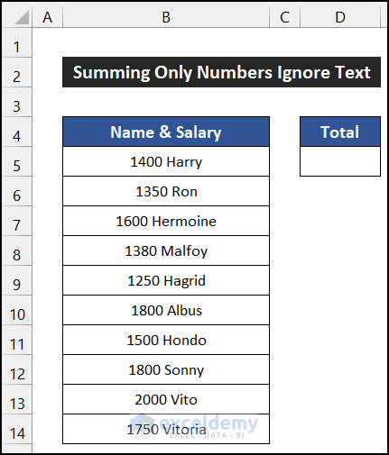 Excel sum only numbers ignore text in same cell