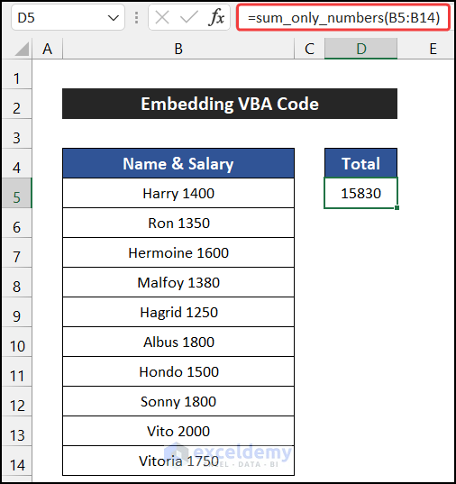 Sum only numbers ignoring text in same cell in Excel using Excel VBA
