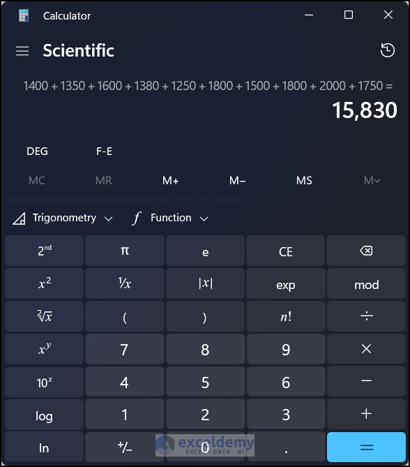 Windows Calculator in scientific dark mode