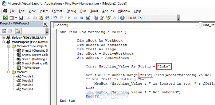 VBA to Find Row Number by Matching a Value