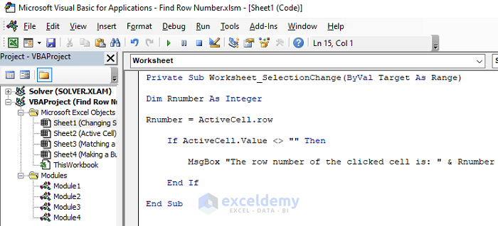 VBA to Find Row Number by Changing Selection